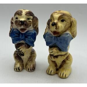 Vintage Kitsch Sitting Puppy Dogs Blue Bows Salt Pepper Shakes 3" Japan Spaniel